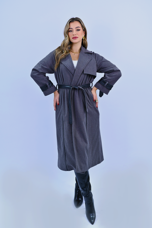 Modern Coat Sophistication Trench with Leather Accents - Gray