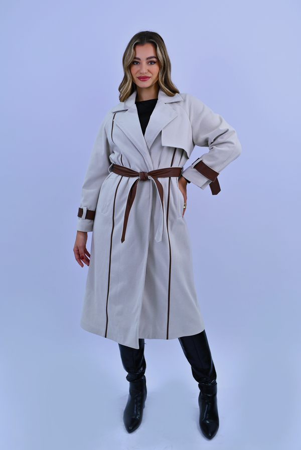 Modern Coat Sophistication Trench with Leather Accents - Light Gray